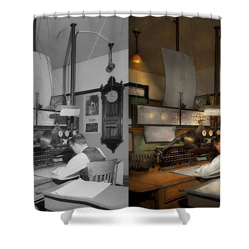 Train Dispatch Shower Curtain featuring the photograph Steampunk - RR - The train dispatcher 1943 Side by Side by Mike Savad