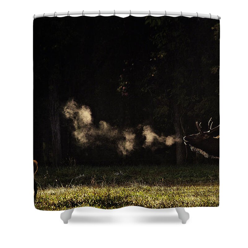 Elk Bugle Shower Curtain featuring the photograph Steamy Breath Elk Bugle by Michael Dougherty