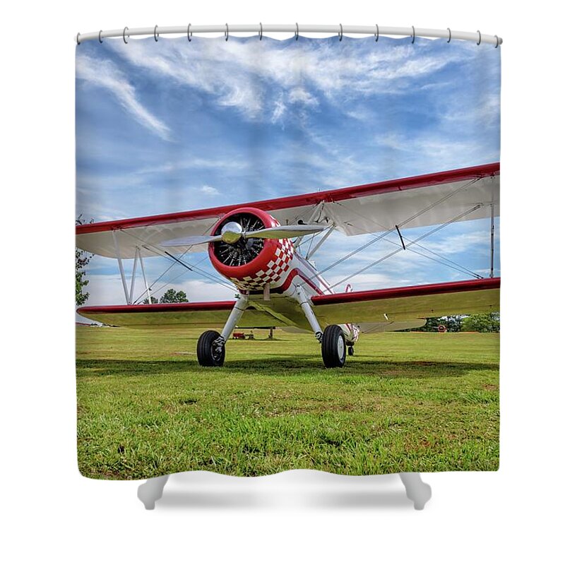 Aviation Shower Curtain featuring the photograph Stearman on Grass by Chris Buff