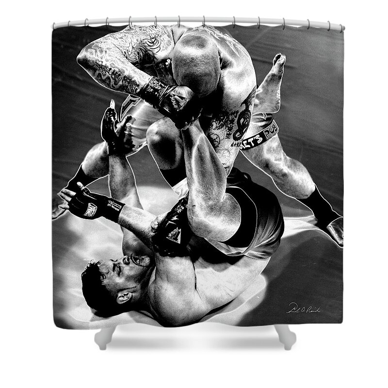 Black & White Shower Curtain featuring the photograph Steel Men Fighting 3 by Frederic A Reinecke