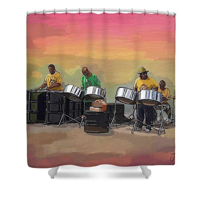Landscape Shower Curtain featuring the painting Steel Pan Players Antigua by James Mingo