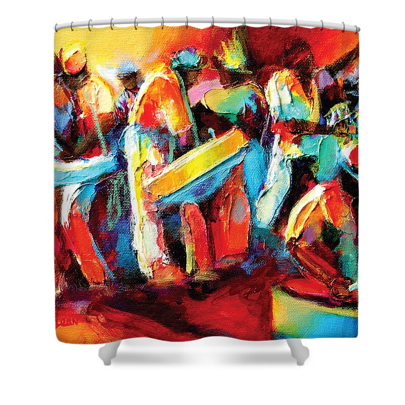 Steel Shower Curtain featuring the painting Steel Pan Revellers by Cynthia McLean