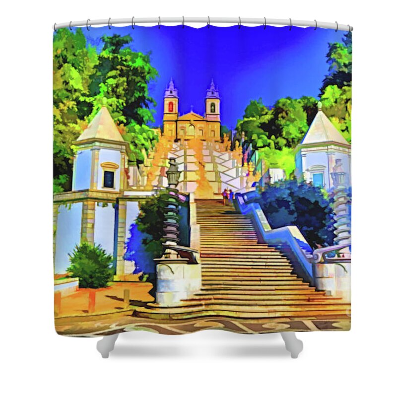 Portugal Cathedral Shower Curtain featuring the digital art Steps to Cathedral by Rick Bragan