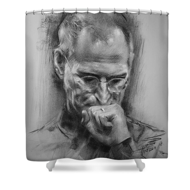 Steve Jobs Shower Curtain featuring the drawing Steve Jobs by Ylli Haruni