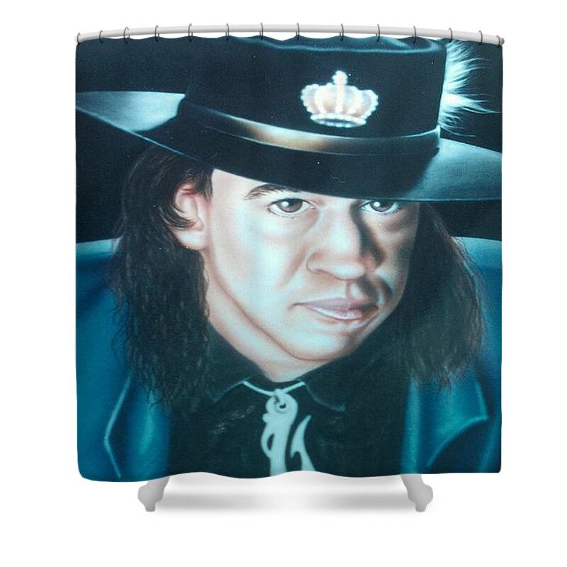 Darren Shower Curtain featuring the painting Stevie Ray Vaughn by Darren Robinson