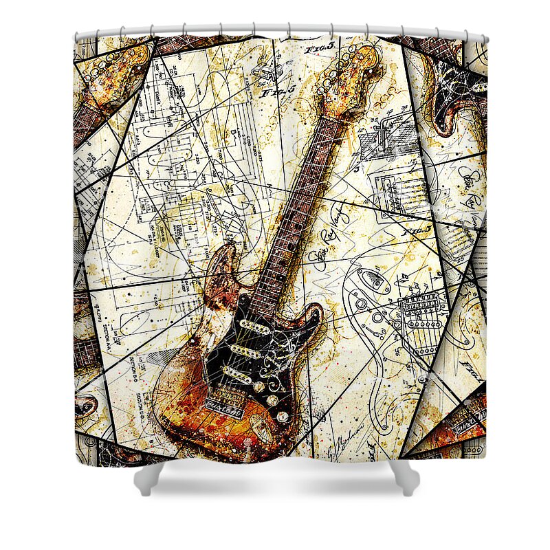 Stevie Ray Vaughn Shower Curtain featuring the digital art Stevie's Guitar V2 by Gary Bodnar