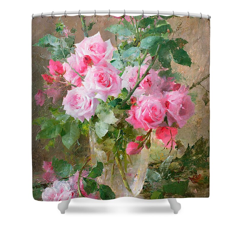 Still Shower Curtain featuring the painting Still life of roses in a glass vase by Frans Mortelmans