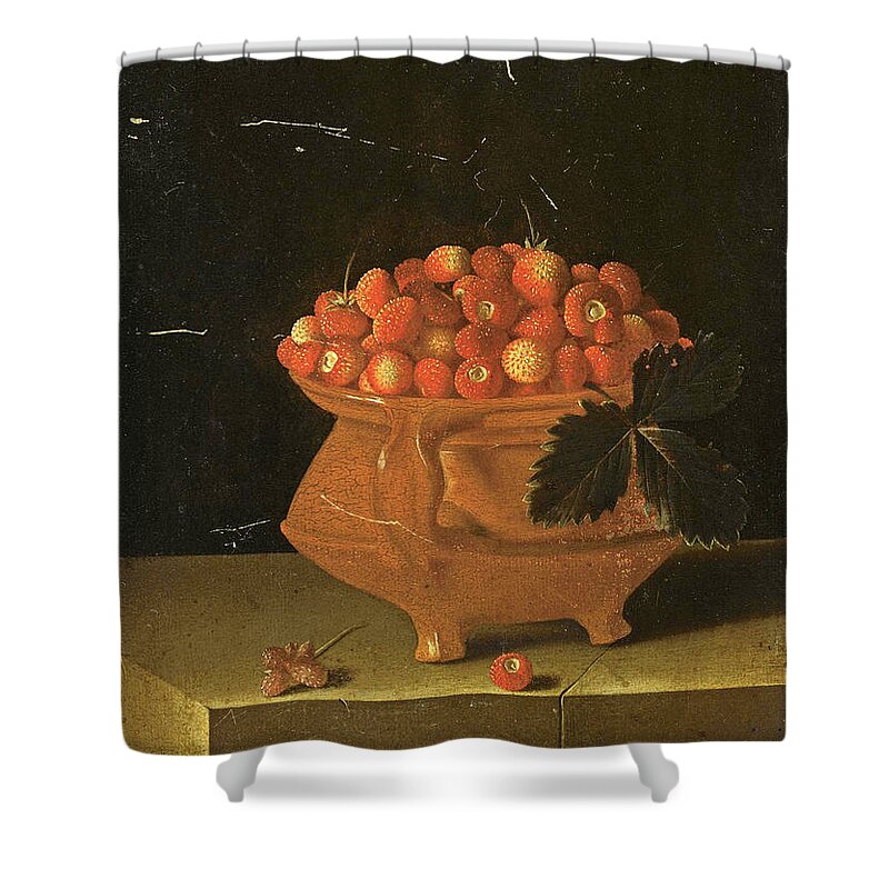 Adriaen Coorte Shower Curtain featuring the painting Still life of Strawberries in an Earthenware Bowl on a Stone Ledge by Adriaen Coorte