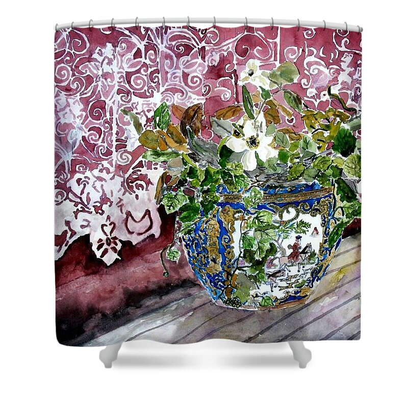 Still Life Shower Curtain featuring the painting Still Life Vase And Lace Watercolor Painting by Derek Mccrea