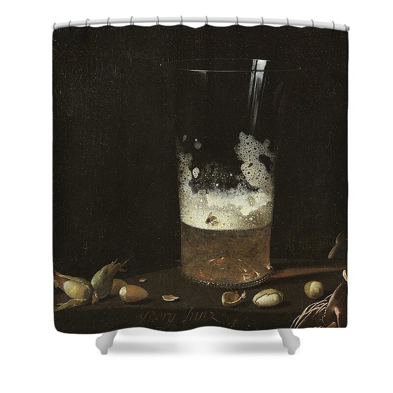 Johann Georg Hainz Shower Curtain featuring the painting Still Life with a Glass of Beer and Nuts by Johann Georg Hainz