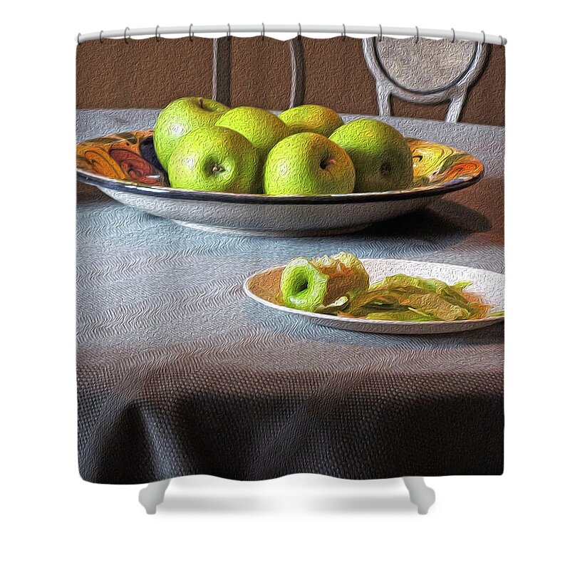Food Shower Curtain featuring the mixed media Still Life with Apples and Chair by Lynda Lehmann