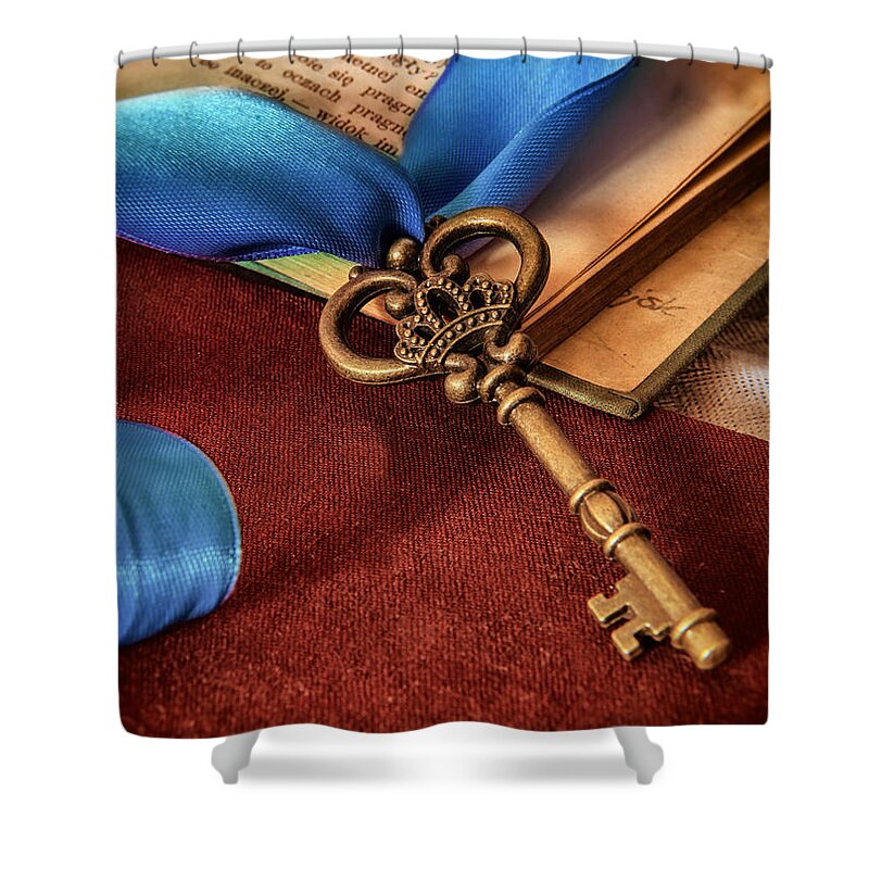 Ribbon Shower Curtain featuring the photograph Still life with brass ornamented key and blue ribbon by Jaroslaw Blaminsky