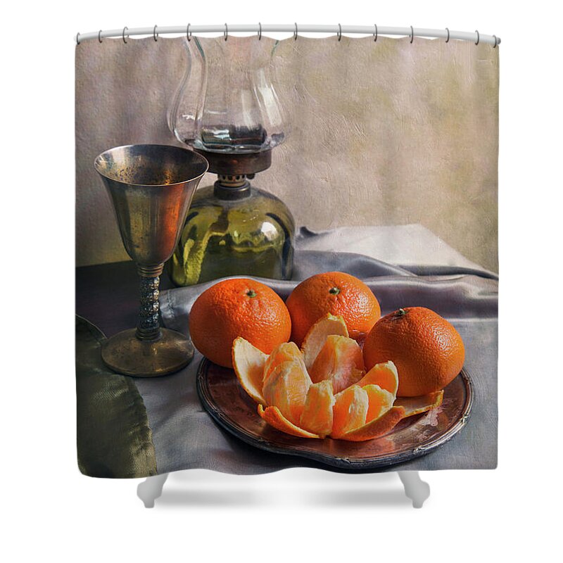 Still Life Shower Curtain featuring the photograph Still life with fresh tangerines by Jaroslaw Blaminsky