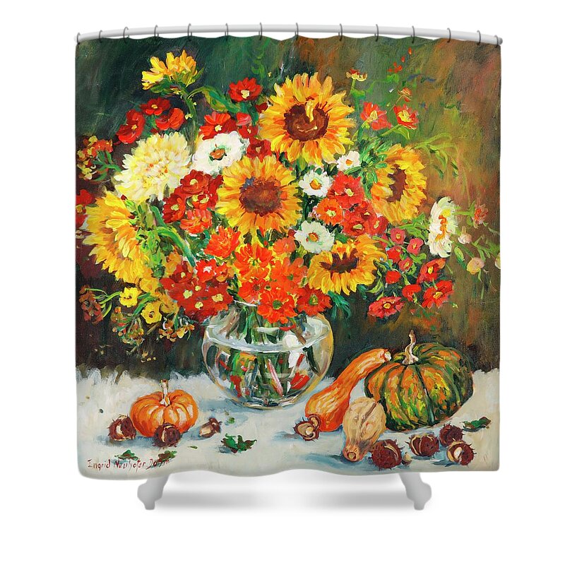 Flowers Shower Curtain featuring the painting Still Life with Gourds by Ingrid Dohm