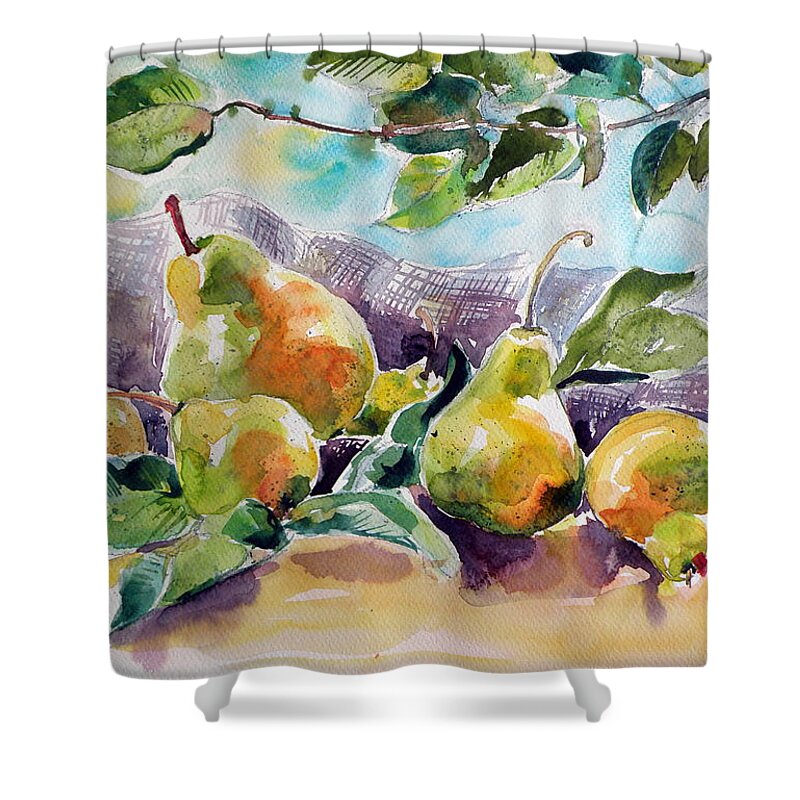Still Life Shower Curtain featuring the painting Still life with pears by Kovacs Anna Brigitta