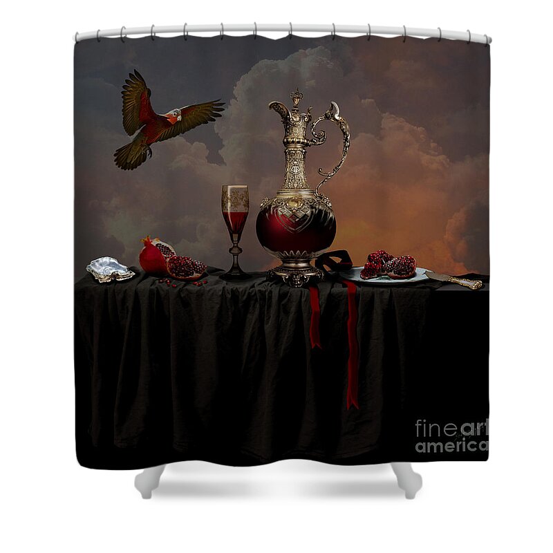Red Shower Curtain featuring the photograph Still life with pomegranate by Alexa Szlavics