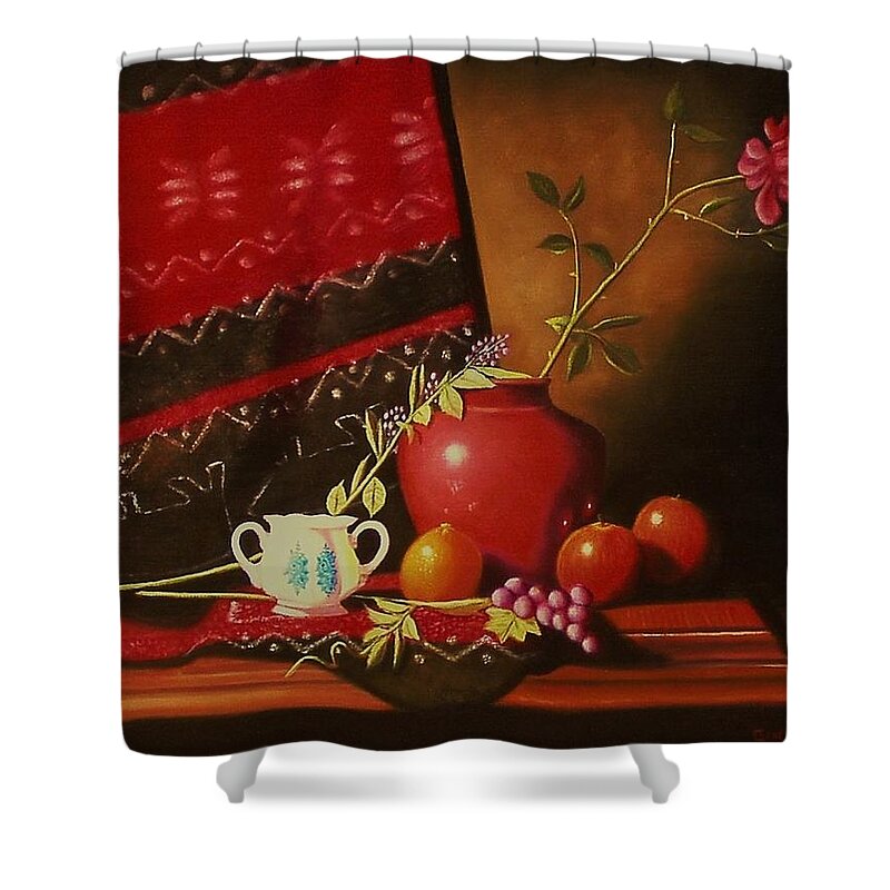 Stilllife Shower Curtain featuring the painting Still life with red vase. by Gene Gregory
