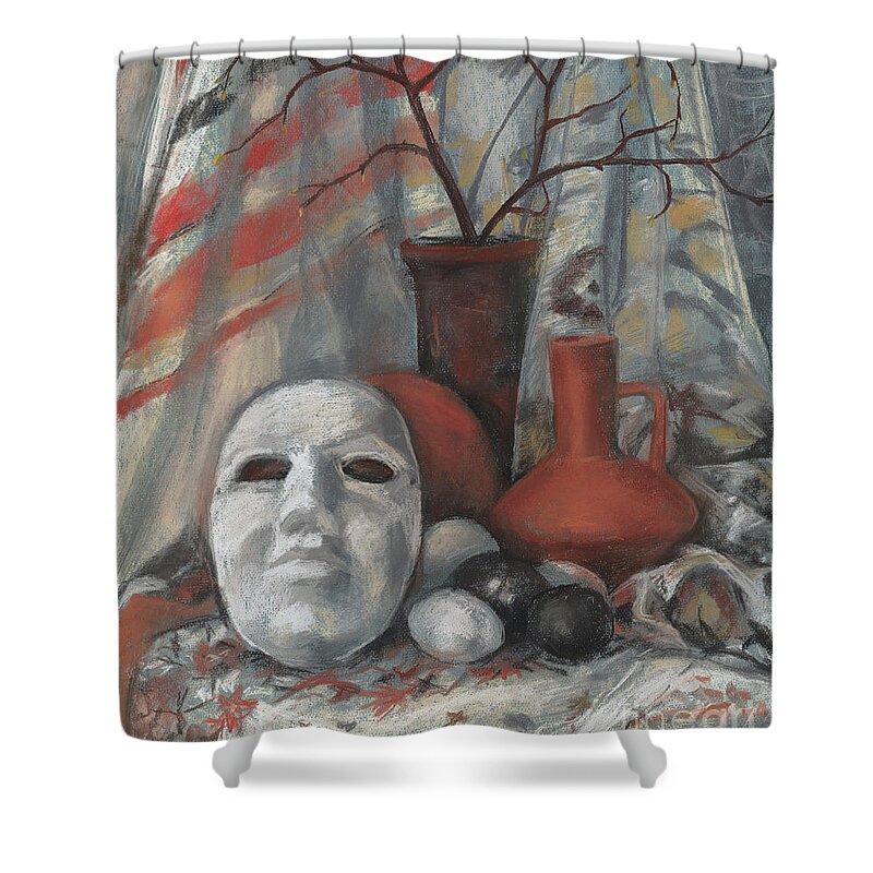 Soff Pastels Shower Curtain featuring the pastel Still life with the mask by Julia Khoroshikh