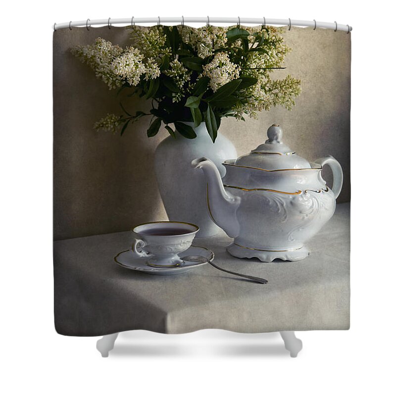 Still Life Shower Curtain featuring the photograph Still life with white tea set and bouquet of white flowers by Jaroslaw Blaminsky