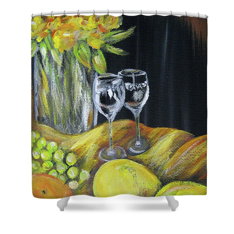 Original Acrylic Painting Shower Curtain featuring the painting Still Life with wine glasses, Roses and Fruit. Painting by Oksana Semenchenko