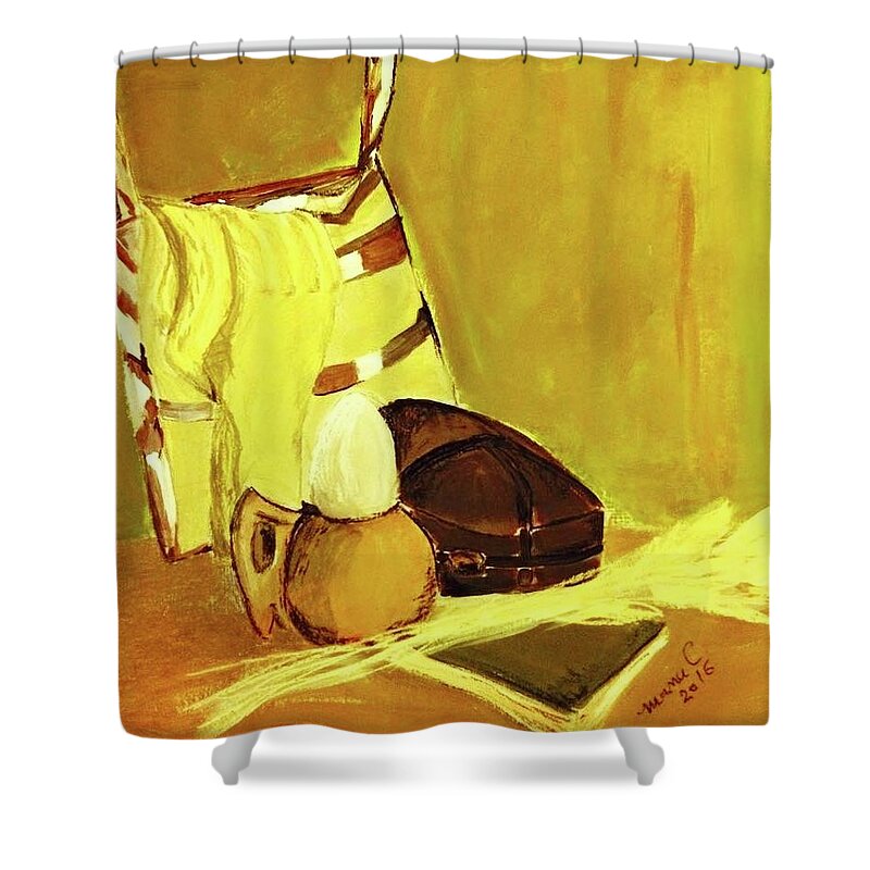 Still Life Shower Curtain featuring the pastel Still life with wool socks by Manuela Constantin