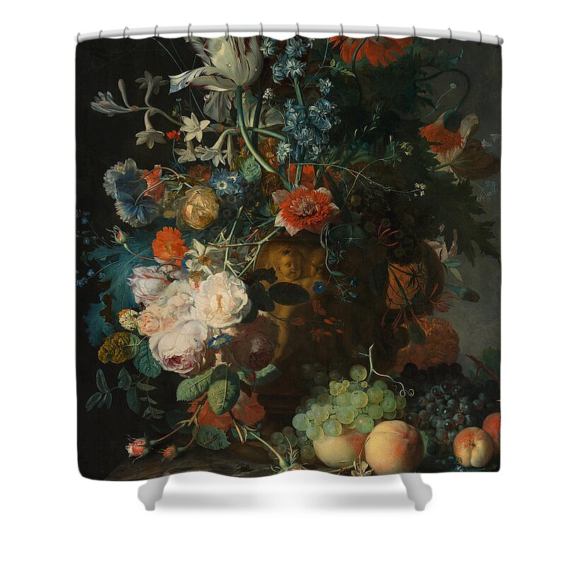 Jan Van Huysum (dutch ) Shower Curtain featuring the painting Still life, flowers #2 by Celestial Images