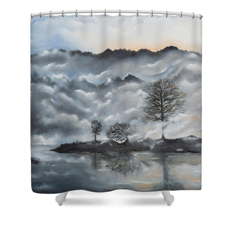 Lake Shower Curtain featuring the painting Stillness by Neslihan Ergul Colley