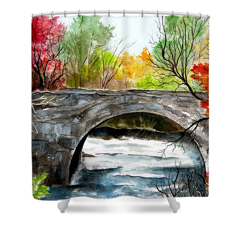 Landscape Shower Curtain featuring the painting Stone Bridge In Maine by Brenda Owen