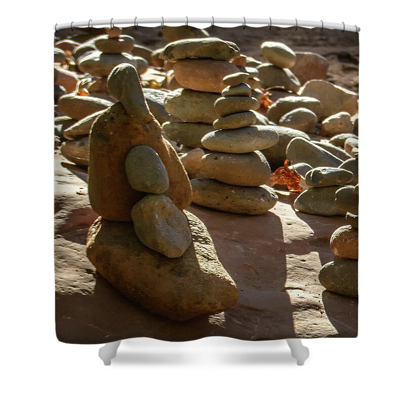 Stones Shower Curtain featuring the photograph Stone Cairns 7791-101717-1cr by Tam Ryan