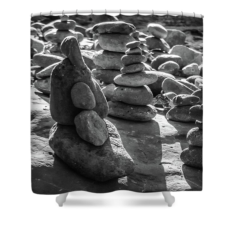 Stones Shower Curtain featuring the photograph Stone Cairns 7791-101717-2cr-bw by Tam Ryan