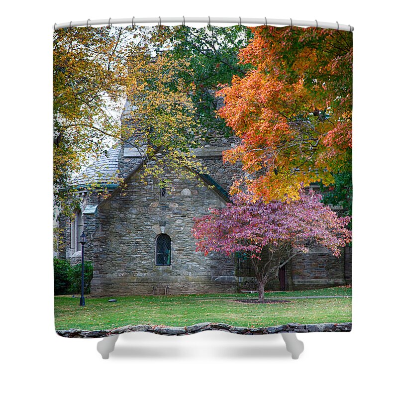 Pomfret Connecticut Shower Curtain featuring the photograph Stone church in Pomfret CT in Autumn by Jeff Folger