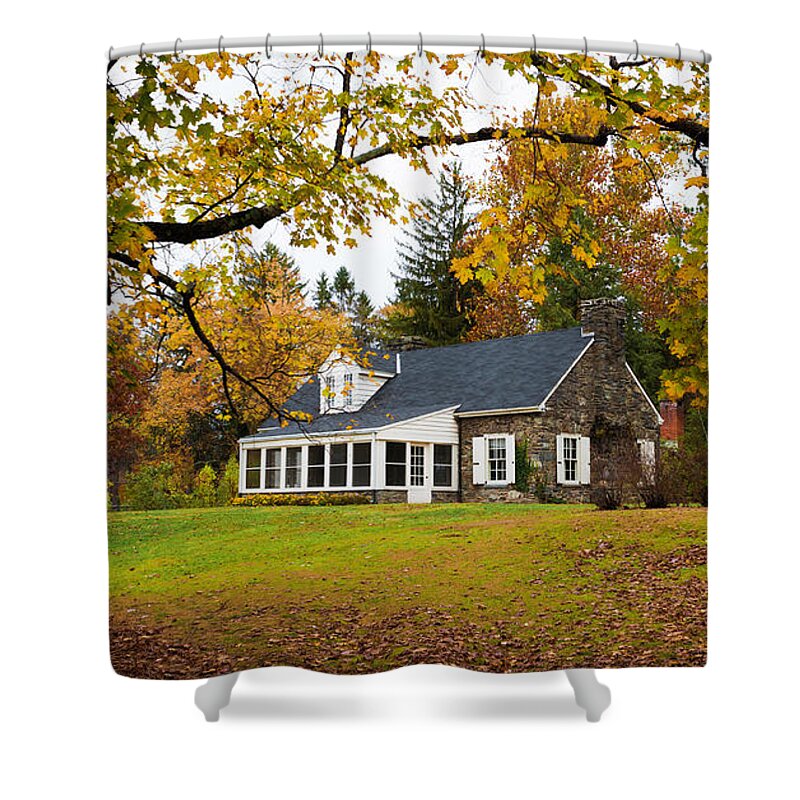 Stone Cottage Shower Curtain featuring the photograph Stone Cottage in the fall by Kenneth Cole