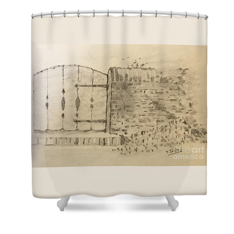 Sketch Shower Curtain featuring the drawing Stone Gate by Thomas Janos