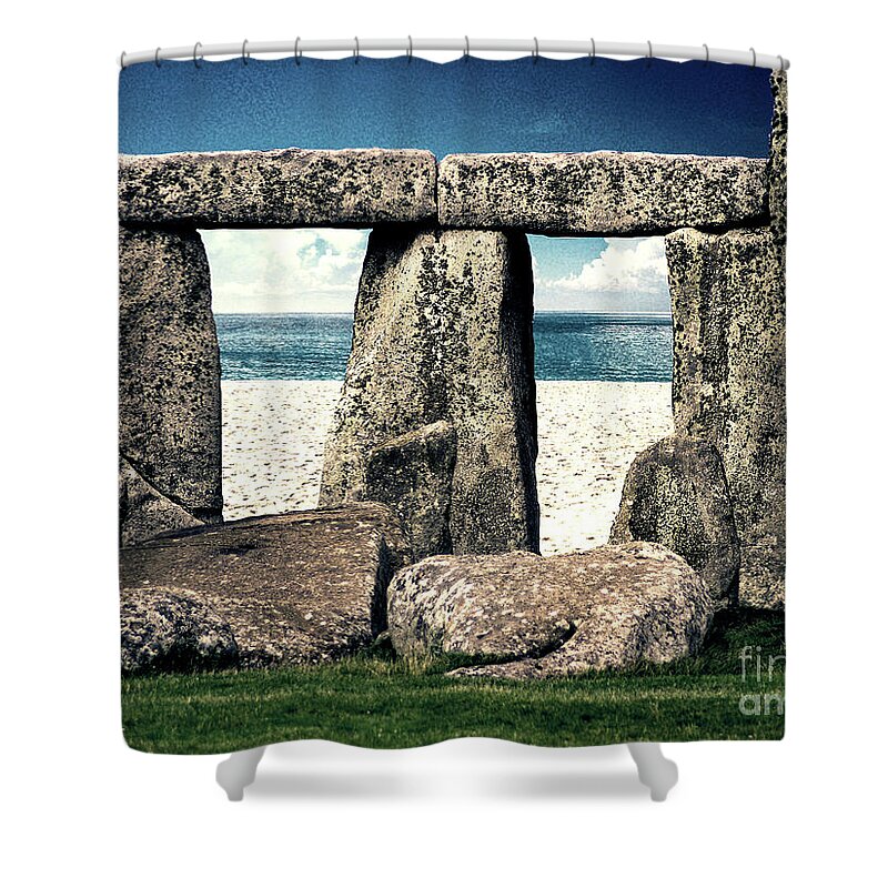 Stonehenge Shower Curtain featuring the digital art Stonehenge On The Beach by Phil Perkins