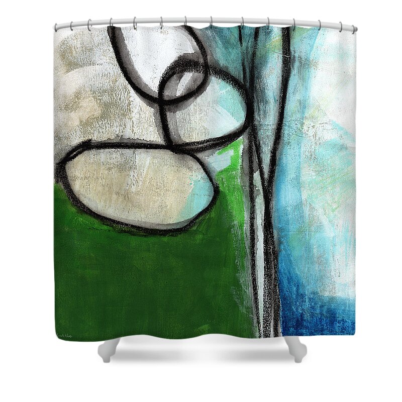 Green Shower Curtain featuring the painting Stones- Green and Blue Abstract by Linda Woods