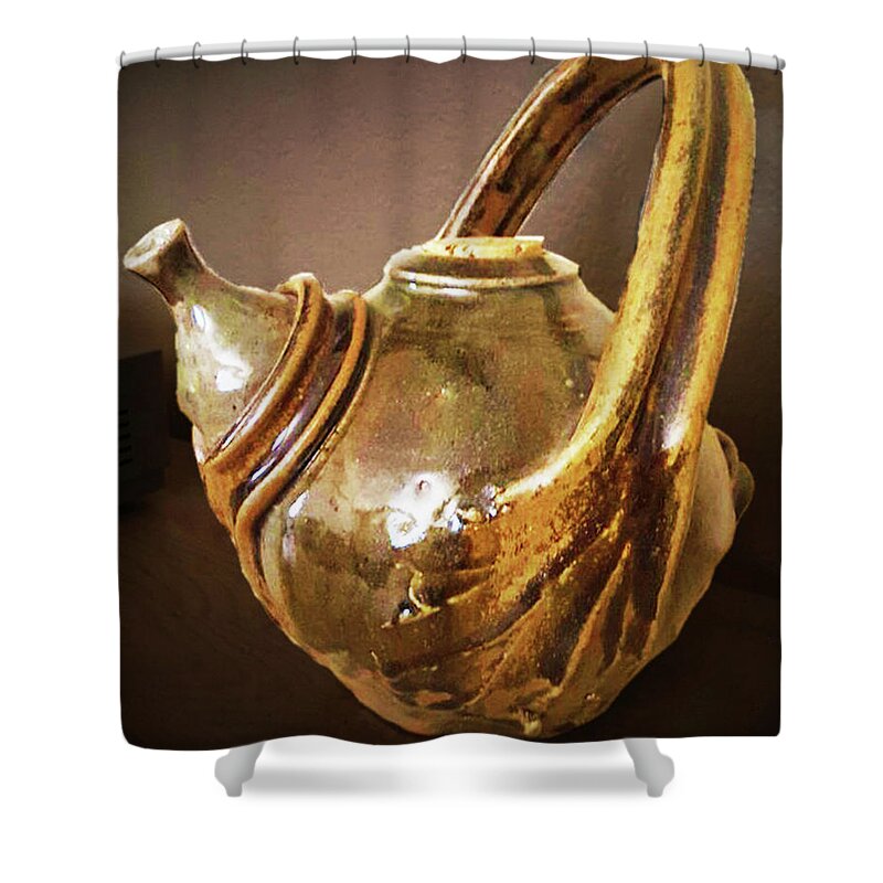 Collection Of Ceramics Works Shower Curtain featuring the ceramic art Stoneware teapot by Scott Wallin