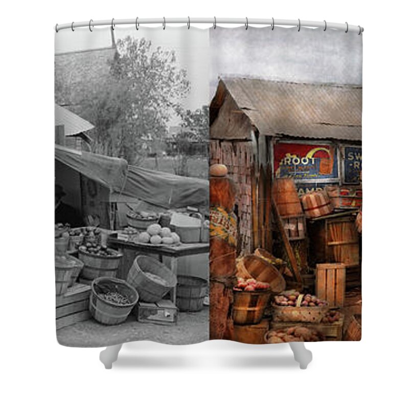 Farm Shower Curtain featuring the photograph Store - Fruit - Grand dad's fruit stand 1939 - Side by Side by Mike Savad