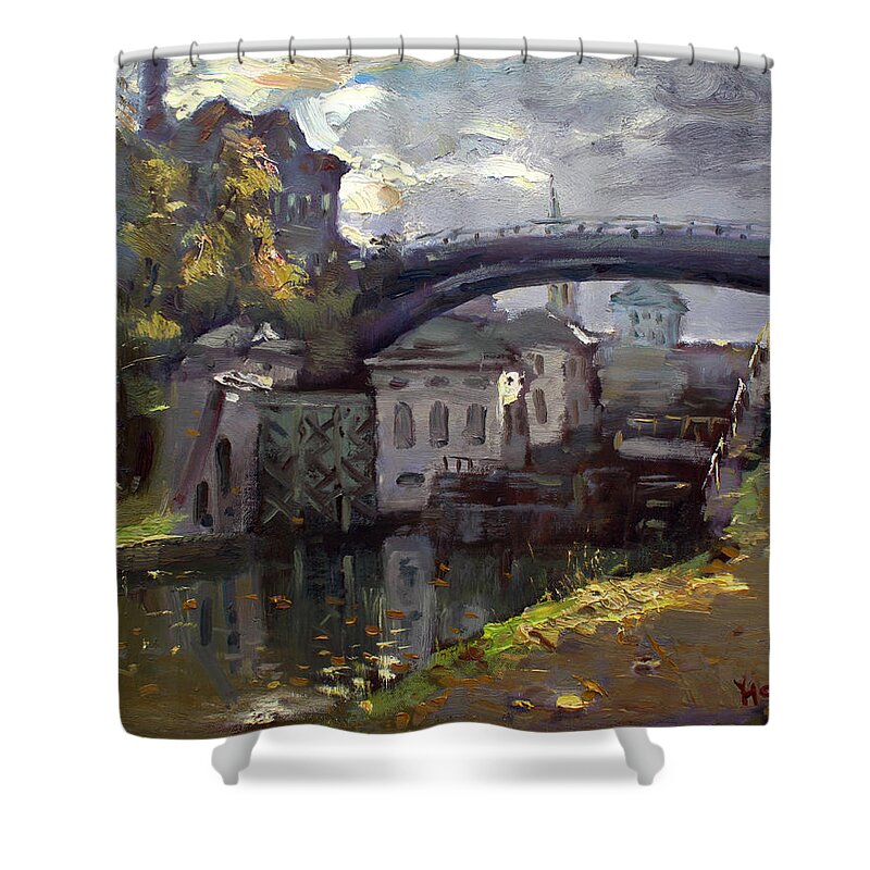 Lockport Locks Shower Curtain featuring the painting Storm Aproach at Lockport Locks by Ylli Haruni