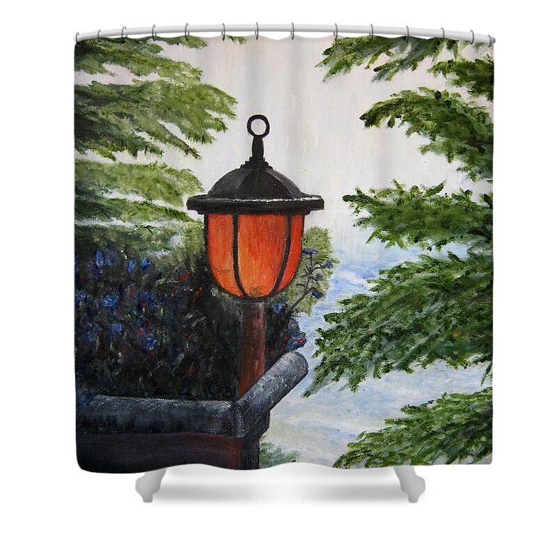 Solar Light Shower Curtain featuring the painting Storm on Lake of the Woods by Marilyn McNish