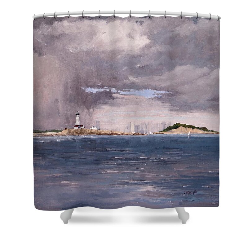 Laura Lee Zanghetti Shower Curtain featuring the painting Storm Over Boston by Laura Lee Zanghetti