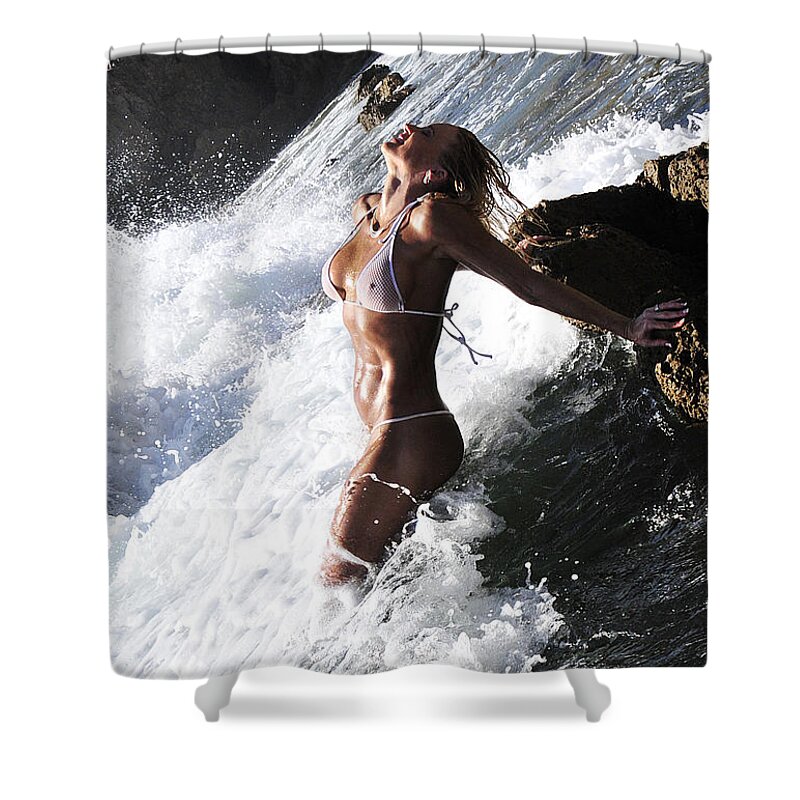 Artistic Shower Curtain featuring the photograph Storming the beach by Robert WK Clark