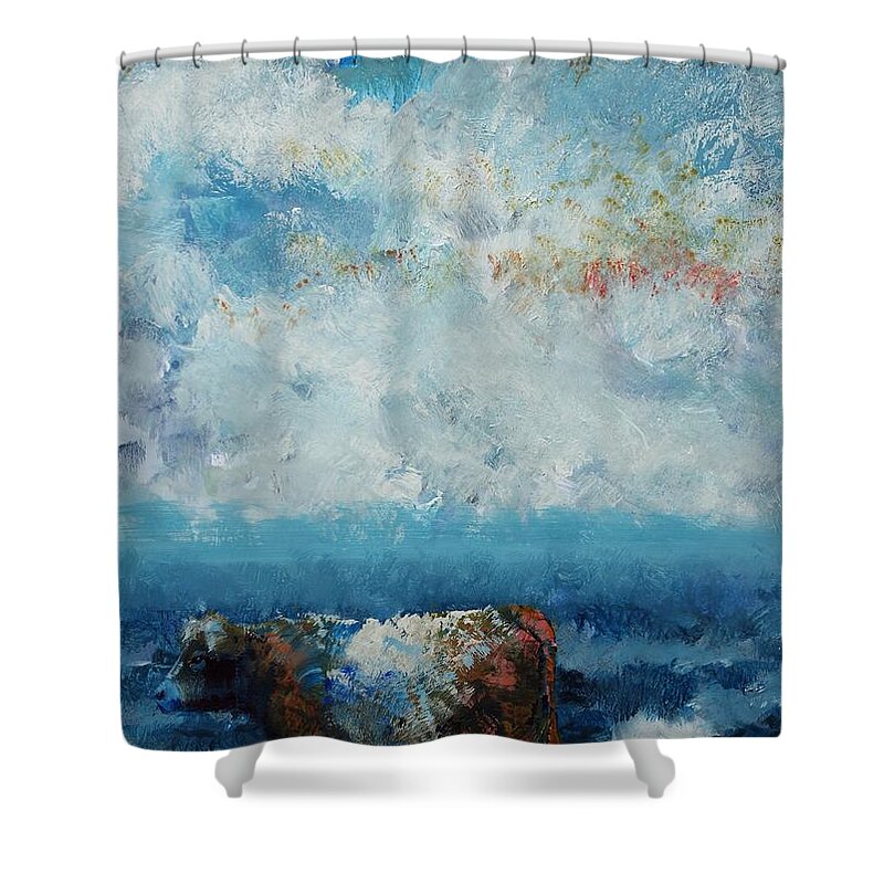 Belted Galloway Cows Shower Curtain featuring the painting Storms Coming - Belted Galloway Cow Under a Colorful Cloudy Sky by Mike Jory