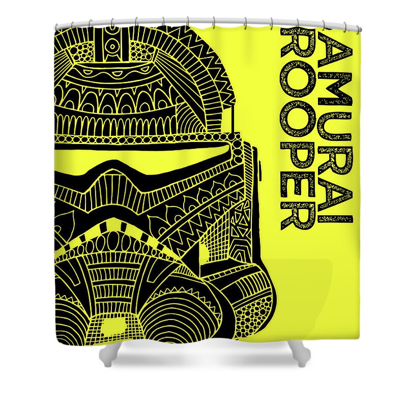 Stormtrooper Shower Curtain featuring the mixed media Stormtrooper Helmet - Yellow - Star Wars Art by Studio Grafiikka