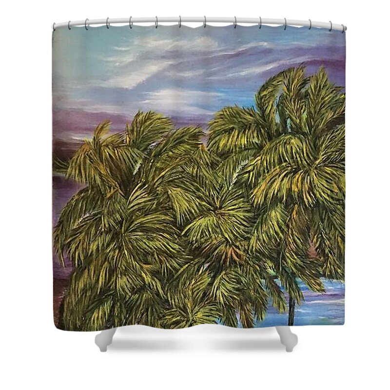 Stormy Evening Shower Curtain featuring the painting Stormy Day at Tranquility Beach by Michael Silbaugh