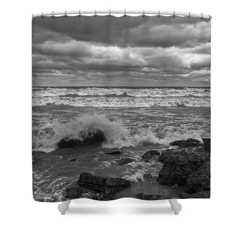 Bw Shower Curtain featuring the photograph Stormy Day - Lake Eire Shore by Jack R Perry