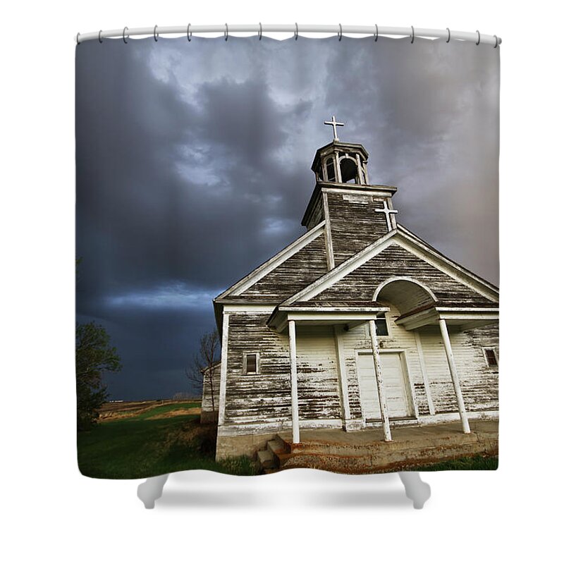 Church Shower Curtain featuring the photograph Stormy SK Church by Ryan Crouse