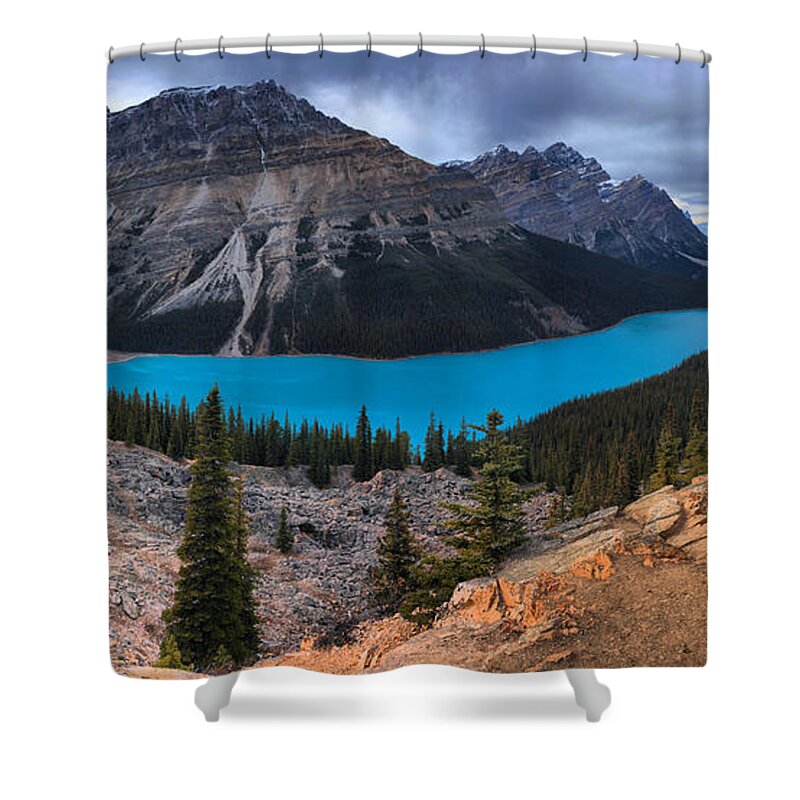Peyto Lake Shower Curtain featuring the photograph Stormy Skies Of Peyto Lake by Adam Jewell