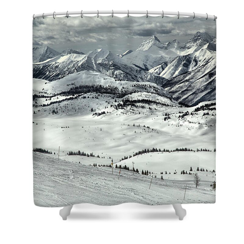 Sunshine Village Shower Curtain featuring the photograph Stormy Skies Over The Sunshine Village Rockies by Adam Jewell
