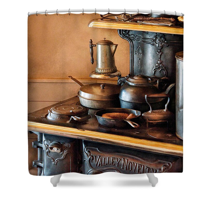 Kitchen Shower Curtain featuring the photograph Stove - Breakfast at my Great Grandmothers by Mike Savad