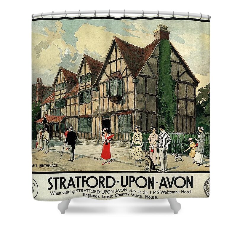 London Shower Curtain featuring the mixed media Straford-Upon-Avon - London Midland and Scottish Railway Company - Retro travel Poster - Vintage by Studio Grafiikka